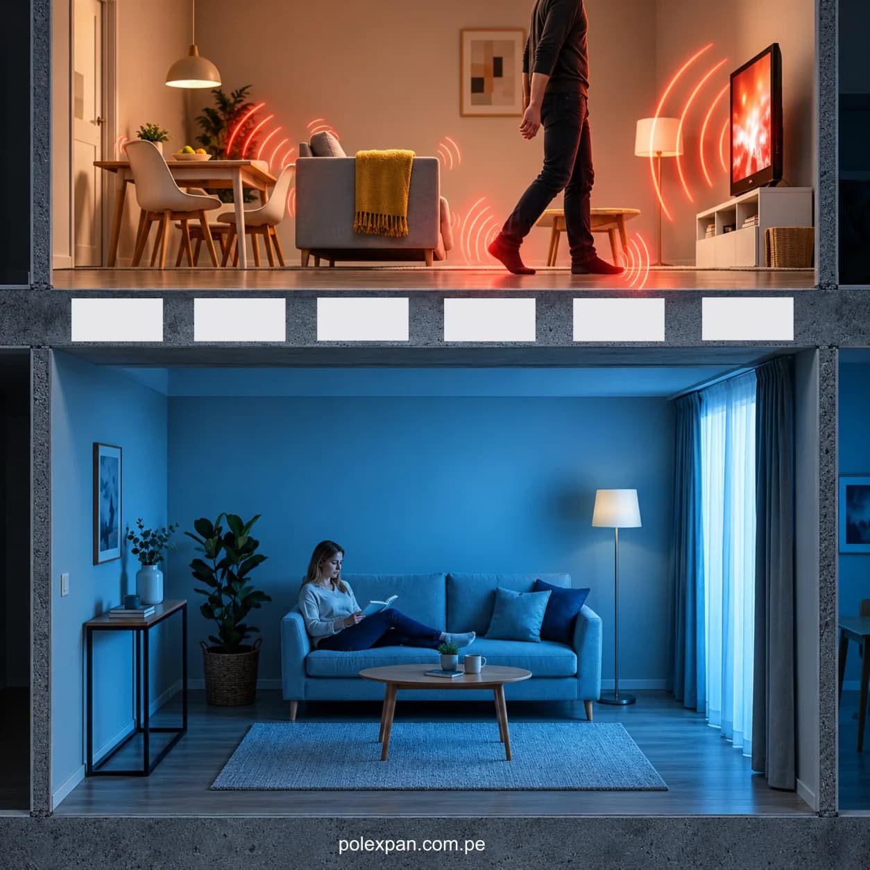 Corte de una casa de dos pisos: arriba, en luz cálida, un hombre camina y suena el televisor, con el ruido dibujado en ondas rojas; abajo, en luz azul, una mujer lee en el sofá sin ninguna onda. Entre los dos niveles, la losa aligerada con sus casetones blancos.