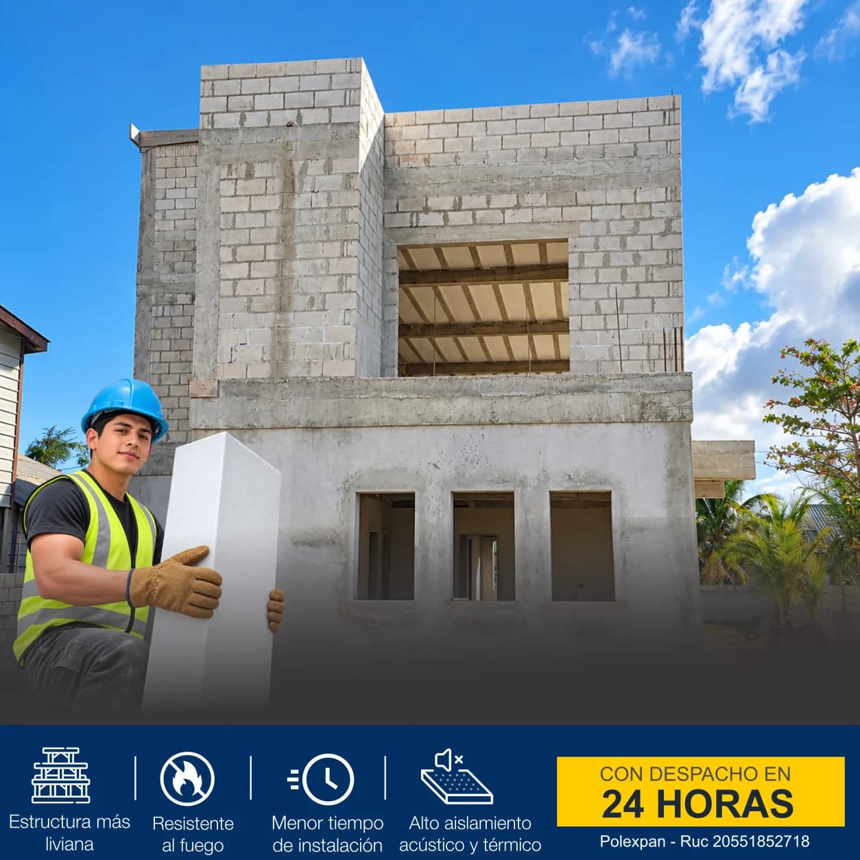 Operario con casco cargando un casetón de tecnopor frente a una vivienda en obra. Rotulada «Con despacho en 24 horas» y cuatro ventajas: estructura más liviana, resistente al fuego, menor tiempo de instalación y alto aislamiento acústico y térmico.