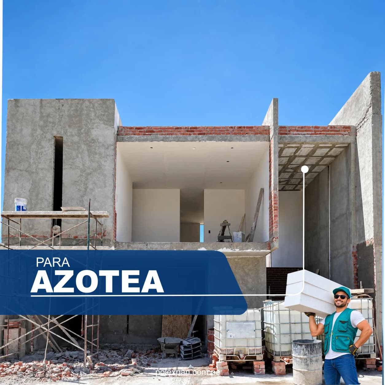 Losa de azotea en construcción con un operario cargando un casetón de tecnopor. Rotulada «Para azotea».