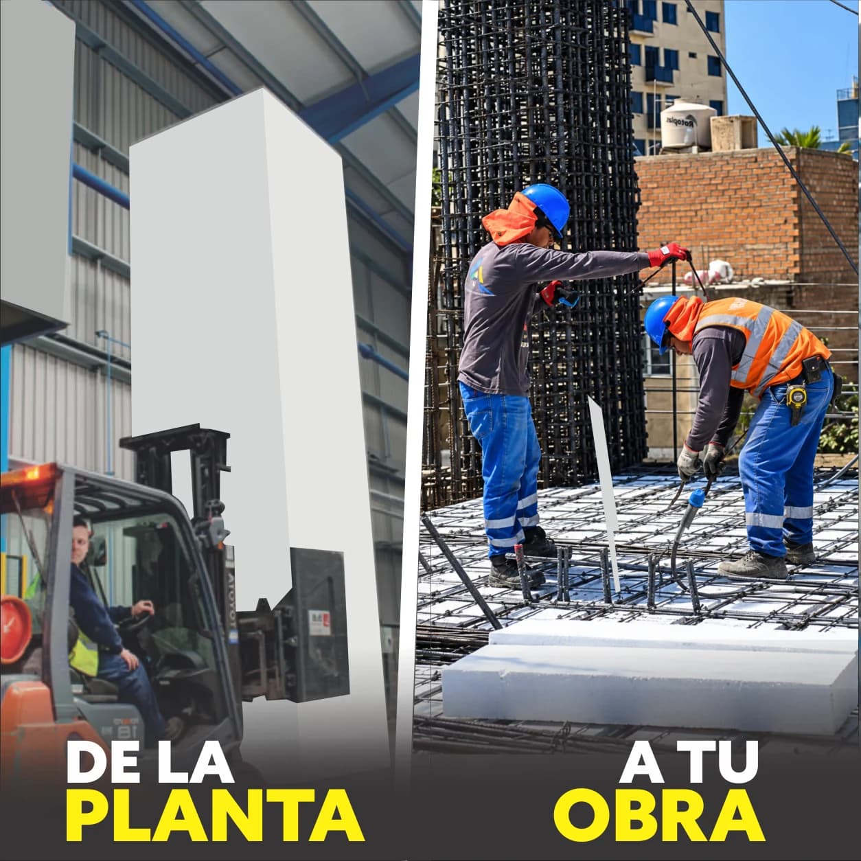 A la izquierda, un montacargas moviendo casetones en planta; a la derecha, dos operarios colocándolos sobre el armado de una losa. Rotulada «De la planta a tu obra».