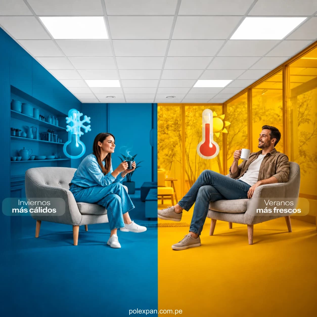 Composición partida en dos: a la izquierda, en azul, una mujer con una taza humeante junto a un termómetro con copo de nieve; a la derecha, en amarillo, un hombre con su taza junto a un termómetro con sol. Rotulada «Inviernos más cálidos» y «Veranos más frescos».