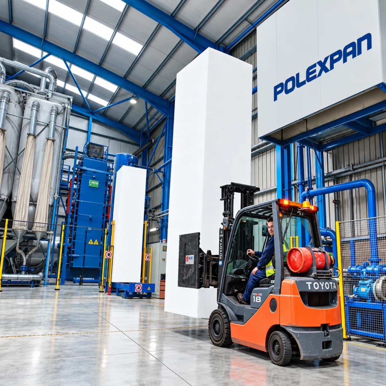 Nave de la fábrica: un operario con overol azul y chaleco reflectivo maneja un montacargas naranja con balón de gas rojo; su pinza sujeta un bloque blanco de tecnopor puesto de pie. Al fondo, silos y maquinaria azul. Rotulada «POLEXPAN» en lo alto de la nave, «TOYOTA» y «18» en el montacargas.