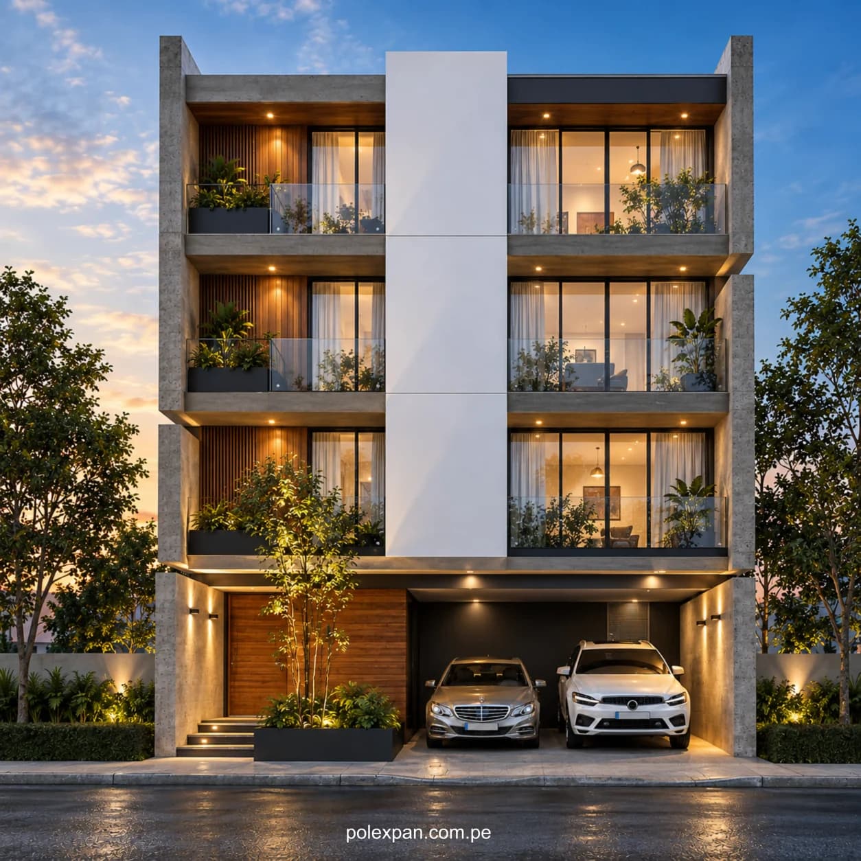 Edificio moderno de tres plantas iluminado al anochecer, con dos coches en la cochera.