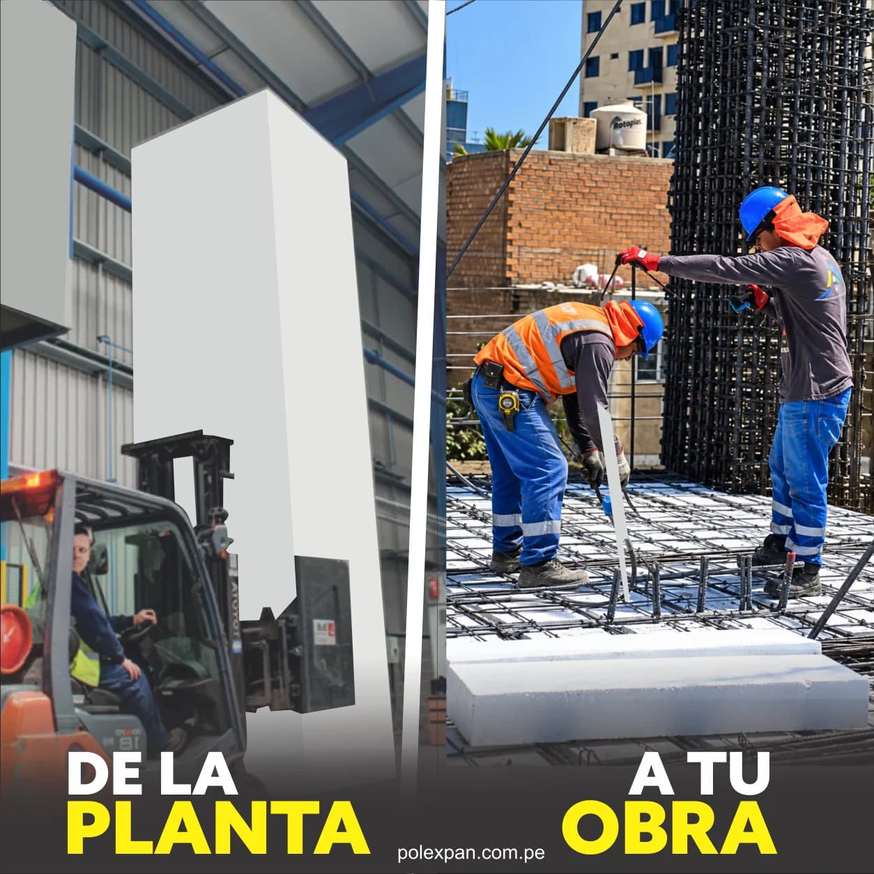A la izquierda, un montacargas moviendo casetones en planta; a la derecha, dos operarios colocándolos sobre el armado de una losa. Rotulada «De la planta a tu obra».