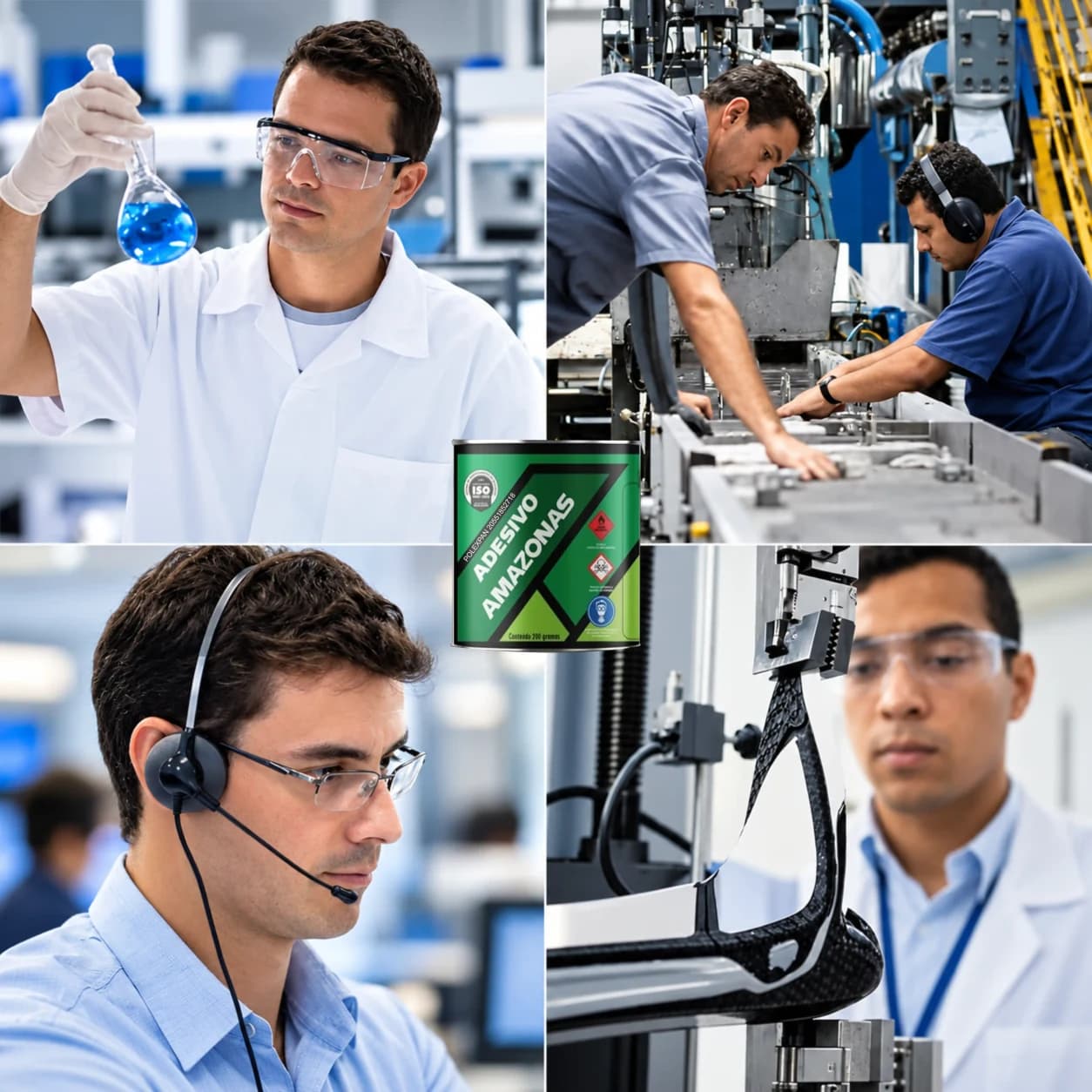 Cuatro escenas alrededor de la lata del pegamento Amazonas: un técnico con bata, guantes y gafas observando un matraz de líquido azul en el laboratorio; dos operarios trabajando en una máquina de la planta; una persona con auriculares y micrófono atendiendo consultas; y un técnico siguiendo un ensayo en una máquina de pruebas.