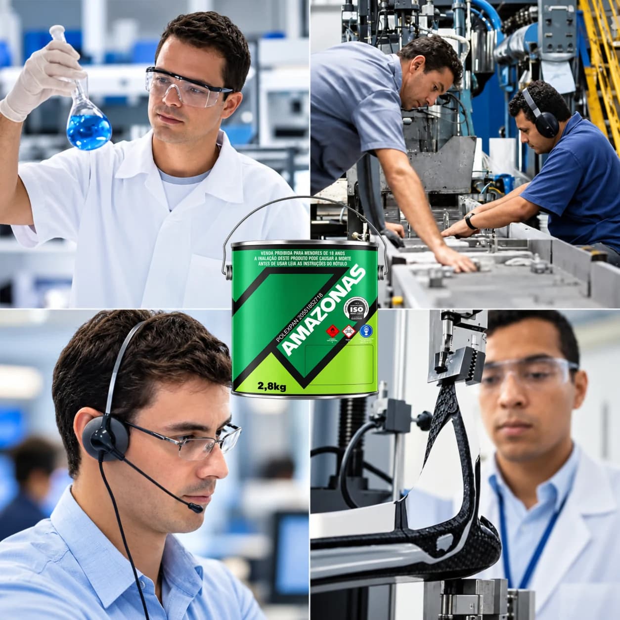 Cuatro escenas alrededor de la lata del pegamento Amazonas: un técnico con bata, guantes y gafas observando un matraz de líquido azul en el laboratorio; dos operarios trabajando en una máquina de la planta; una persona con auriculares y micrófono atendiendo consultas; y un técnico siguiendo un ensayo en una máquina de pruebas.