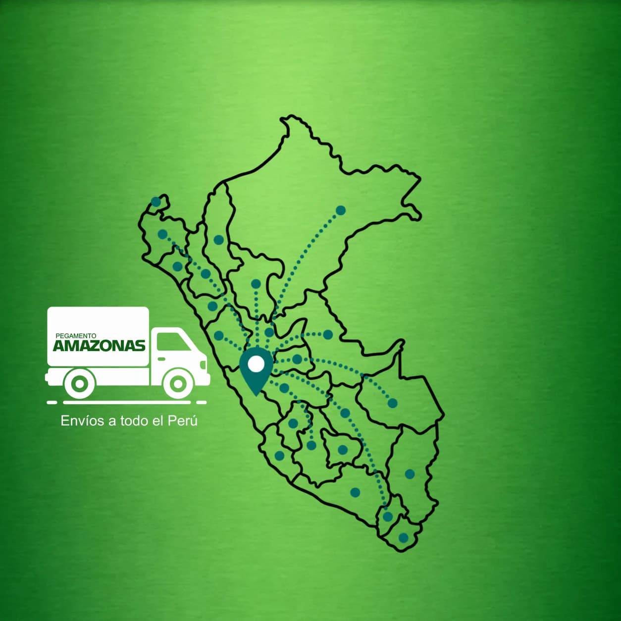 Mapa del Perú sobre fondo verde, con rutas punteadas que salen de Lima hacia puntos repartidos por todo el país, y un camión rotulado «PEGAMENTO AMAZONAS» y «Envíos a todo el Perú».