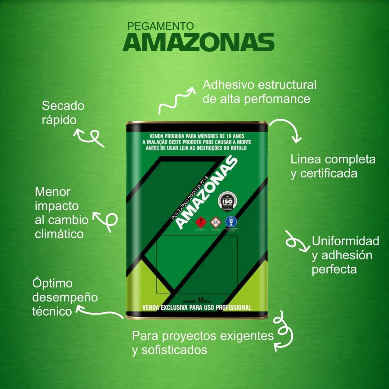 Composición verde con la lata del pegamento Amazonas en el centro y siete rótulos alrededor: «Secado rápido», «Adhesivo estructural de alta perfomance», «Linea completa y certificada», «Uniformidad y adhesión perfecta», «Para proyectos exigentes y sofisticados», «Óptimo desempeño técnico» y «Menor impacto al cambio climático».