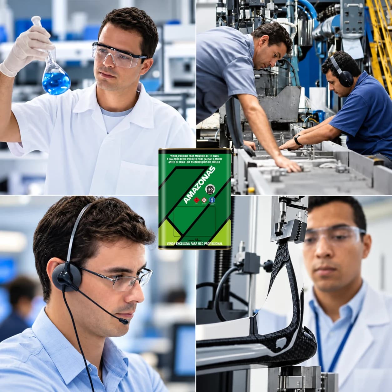 Cuatro escenas alrededor de la lata del pegamento Amazonas: un técnico con bata, guantes y gafas observando un matraz de líquido azul en el laboratorio; dos operarios trabajando en una máquina de la planta; una persona con auriculares y micrófono atendiendo consultas; y un técnico siguiendo un ensayo en una máquina de pruebas.