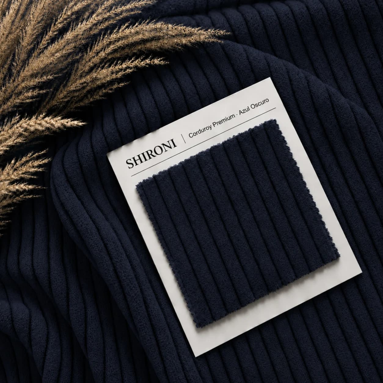 Muestrario de tela: una pieza de corduroy sobre el propio tejido, con la etiqueta de SHIRONI que la identifica como Corduroy Premium.