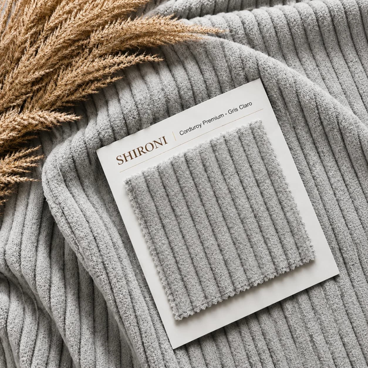 Muestrario de tela: una pieza de corduroy sobre el propio tejido, con la etiqueta de SHIRONI que la identifica como Corduroy Premium.