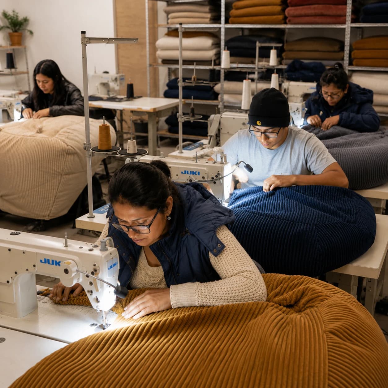 Taller de confección en el Perú: cuatro personas cosiendo fundas de corduroy en máquinas industriales, con rollos de tela al fondo.