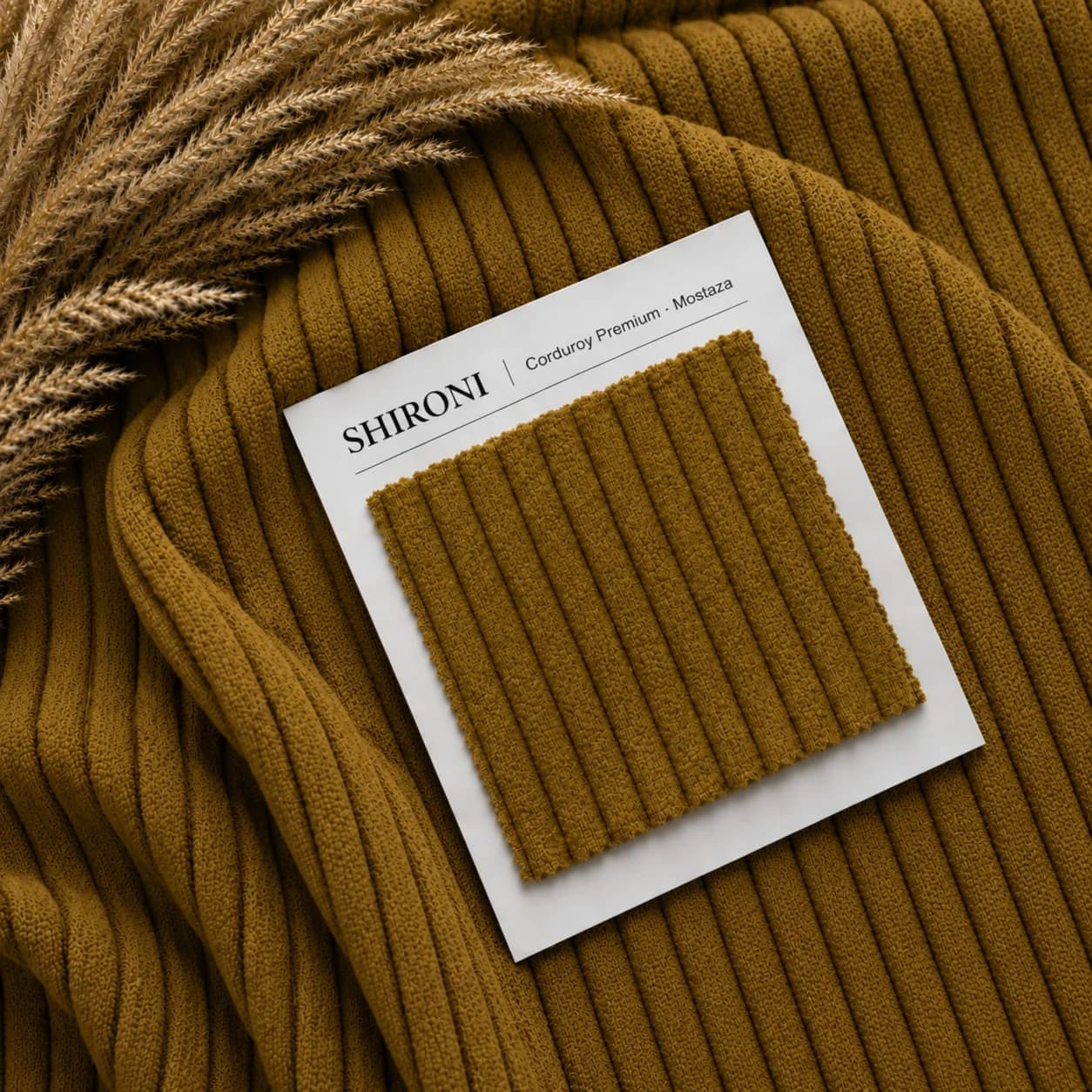 Muestrario de tela: una pieza de corduroy sobre el propio tejido, con la etiqueta de SHIRONI que la identifica como Corduroy Premium.