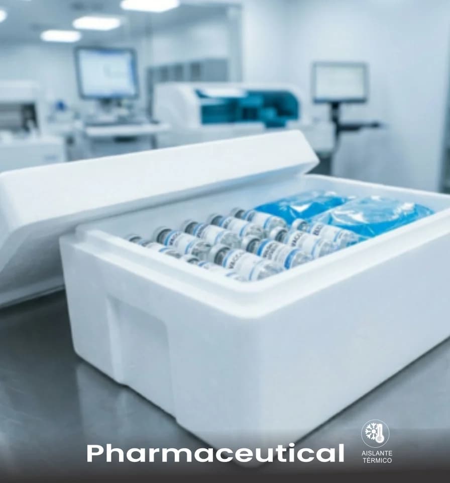 Caja térmica de tecnopor con viales y geles refrigerantes, en el interior de un laboratorio.