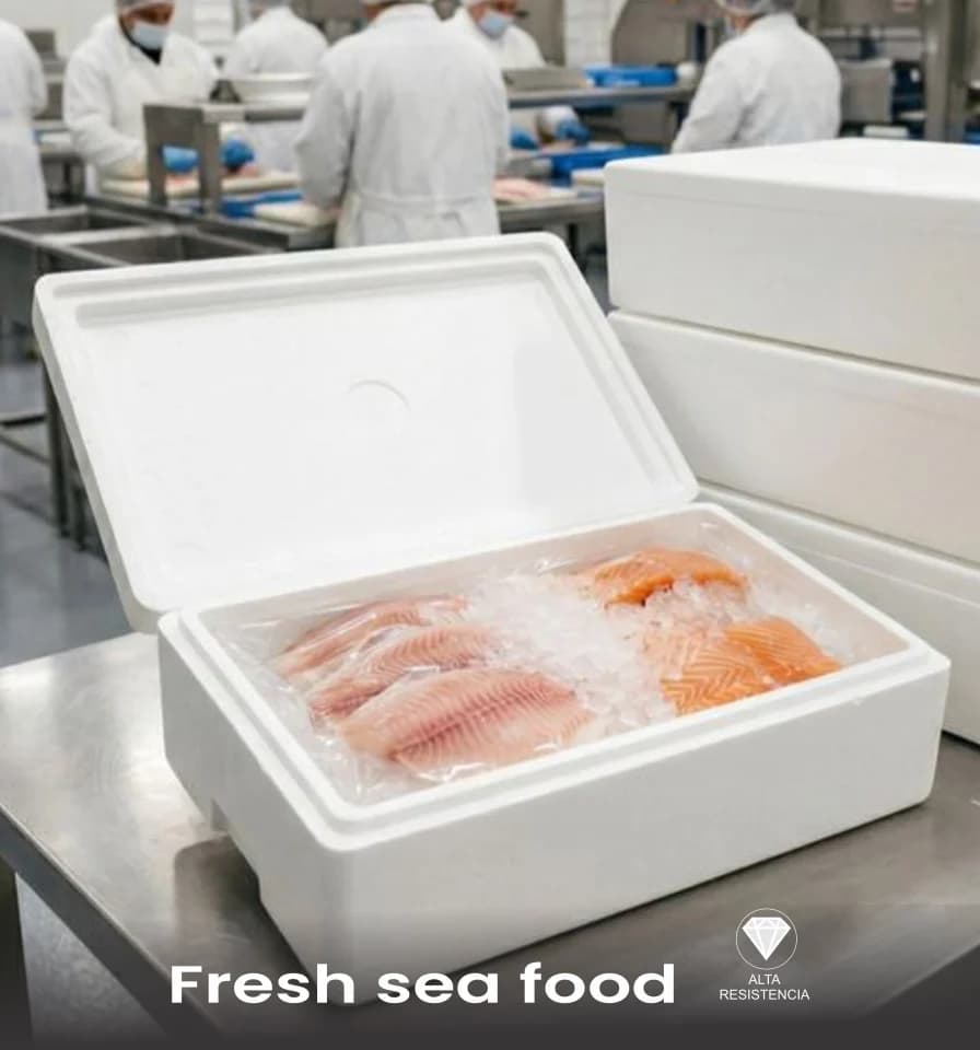 Caja térmica de tecnopor con filetes de pescado sobre hielo en una planta de procesamiento.