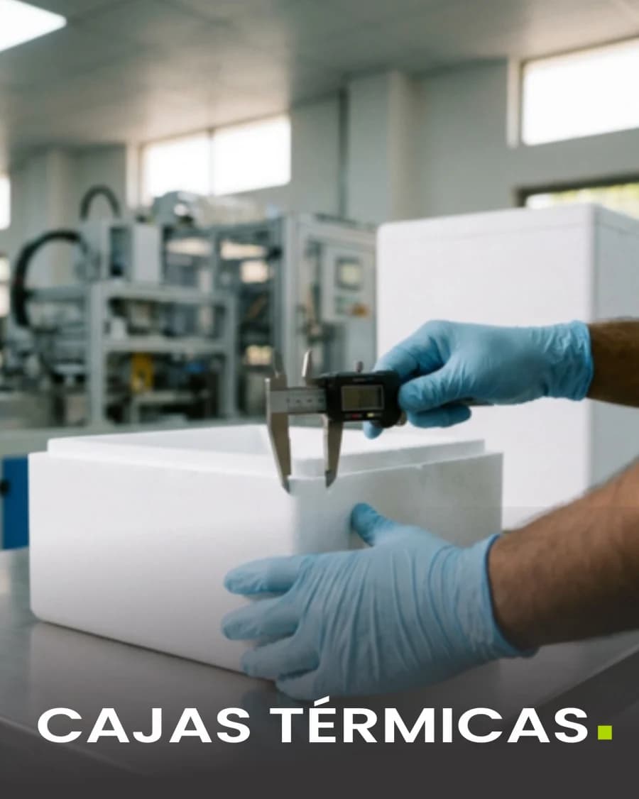 Operario midiendo con un calibrador el espesor de pared de una caja térmica de tecnopor en planta.
