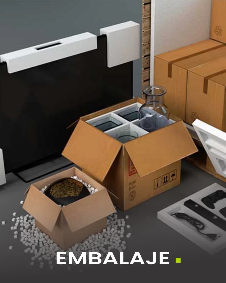 Caja de cartón con separadores de tecnopor y perlitas sueltas protegiendo un artículo de vidrio.