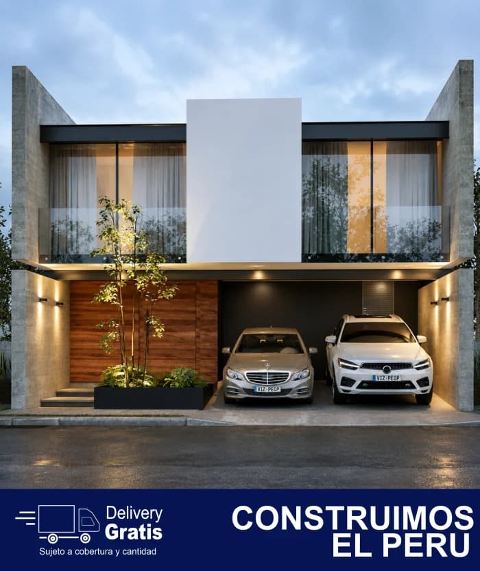 Fachada de una vivienda moderna de dos plantas al anochecer. Al pie, el rótulo «Delivery gratis, sujeto a cobertura y cantidad» y «Construimos el Perú».