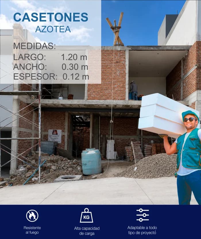 Operario cargando al hombro un casetón de tecnopor en una obra. Rotulado «Casetones azotea», de 1.20 × 0.30 m y 0.12 m de espesor, con las ventajas de resistente al fuego, alta capacidad de carga y adaptable a todo tipo de proyecto.