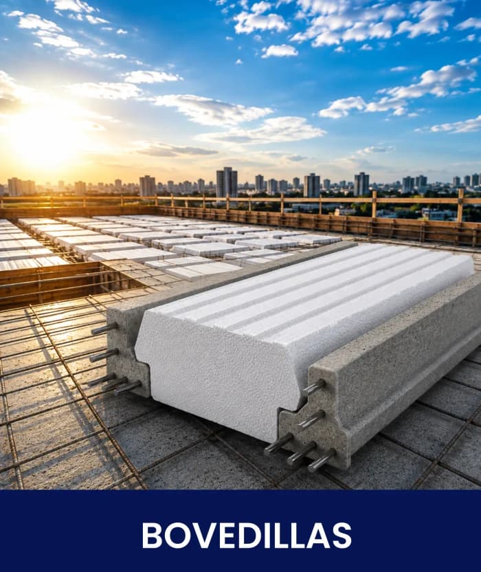Bovedilla de tecnopor con alma de concreto sobre el enmallado de una losa, con la ciudad al fondo. Rotulada «Bovedillas».