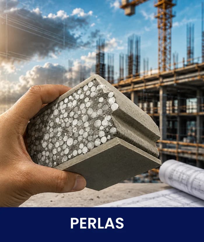 Mano sosteniendo una probeta de concreto aligerado con perlas de tecnopor, frente a una obra. Rotulada «Perlas».