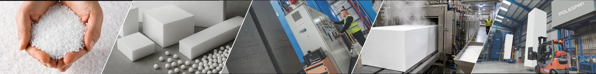 Proceso de fabricación de POLEXPAN en cinco tomas: perlas de poliestireno en las manos, bloques y piezas cortadas, el operario en el panel de la máquina, un bloque saliendo del molde y el almacén con montacargas.