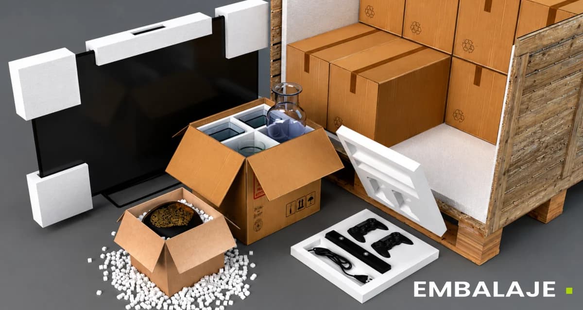 Bodegón de embalaje con tecnopor: esquineros protegiendo un televisor, una caja con separadores para copas, otra rebosando de chips y planchas forrando una jaba de madera con cajas. Rotulada «Embalaje».