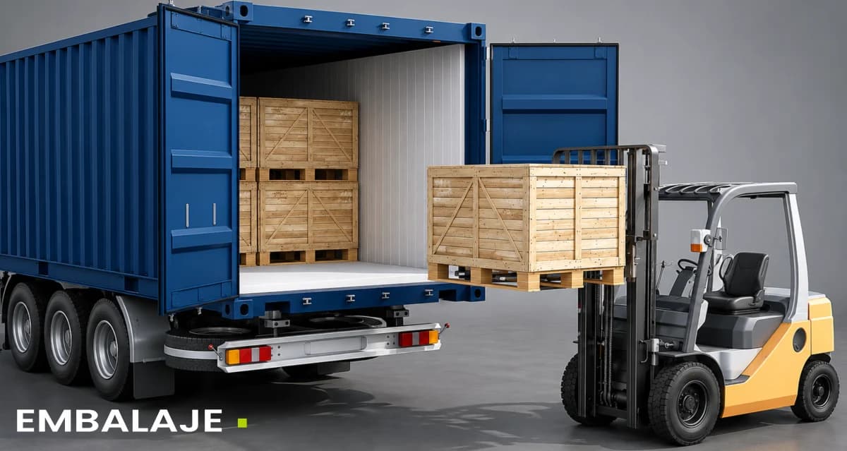Contenedor marítimo abierto con jabas de madera sobre pallets y un montacargas cargando otra. Rotulada «Embalaje».