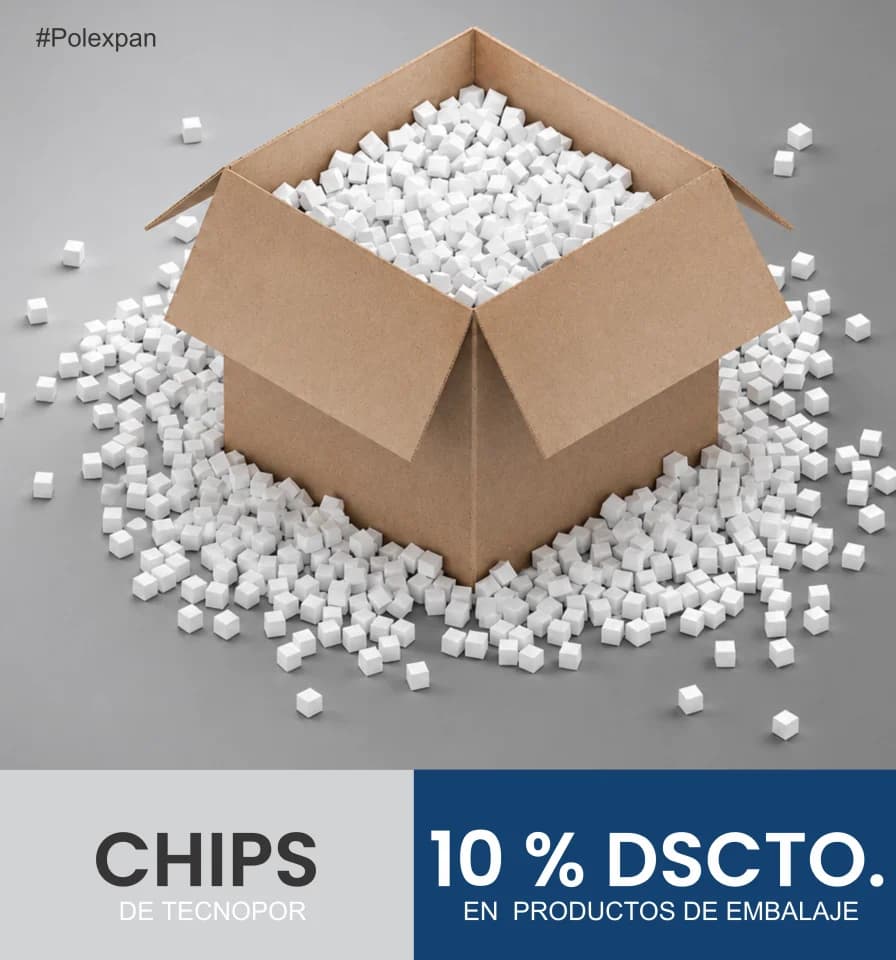 Caja de cartón rebosando de chips de tecnopor, con más chips esparcidos alrededor. Rotulada «Chips de tecnopor» y «10 % de descuento en productos de embalaje».