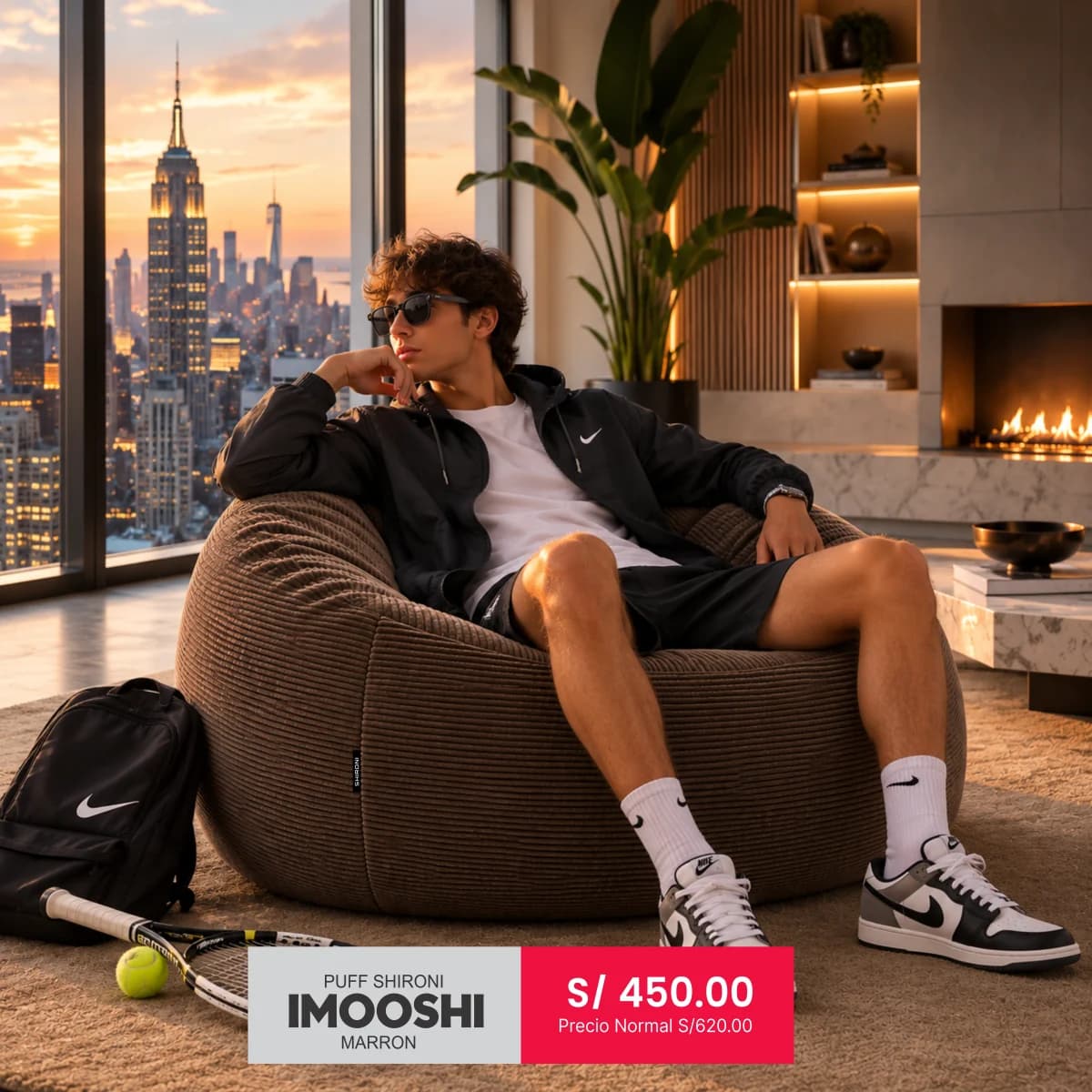 Puff SHIRONI IMOOSHI marrón en un salón con ventanal sobre la ciudad al atardecer, con una persona sentada. Rotulado «Puff SHIRONI IMOOSHI Marrón» y «S/ 450.00, precio normal S/ 620.00».