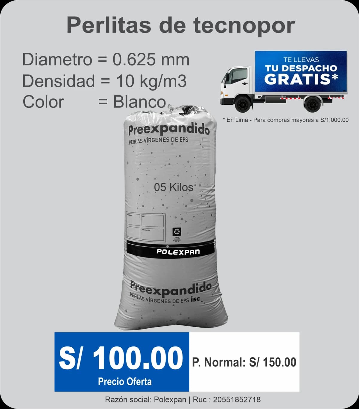 Perlitas de tecnopor de 5 kilos, diámetro 0.625 mm y densidad 10 kg/m³. Precio oferta S/ 100.00 por transferencia.