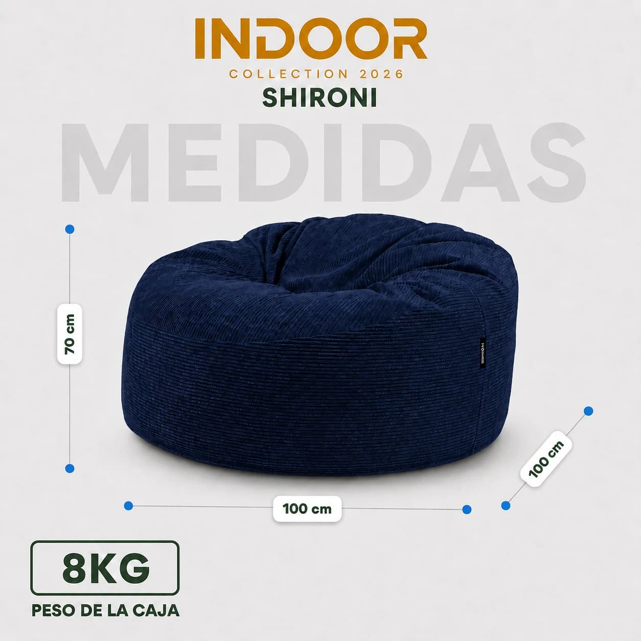 Lámina de medidas del Puff SHIRONI IMOOSHI Azul Oscuro: 100 × 100 × 70 cm. Peso de la caja: 8 kg.