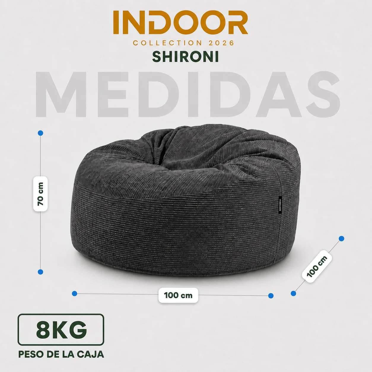 Lámina de medidas del Puff SHIRONI IMOOSHI Gris Oscuro: 100 × 100 × 70 cm. Peso de la caja: 8 kg.